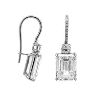 Platinum 2 Stone Emerald Cut and Round Diamond Drop Earrings