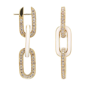 Etho Maria 18K Yellow Gold Pave Set Brown Diamond and White Ceramic Link Drop Earrings