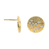 18K Yellow Gold Scattered Diamond Ribbed Disc Stud Earrings