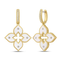 Roberto Coin 18K Yellow Gold Venetian Princess Diamond and White Enameled Flower Drop Earrings