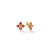 Roberto Coin 18K Yellow Gold Love In Verona Coral Enamel and Diamond Flower Stud Earrings