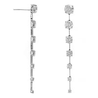 18K White Gold Graduated Round Diamond Dangle Bar Earrings
