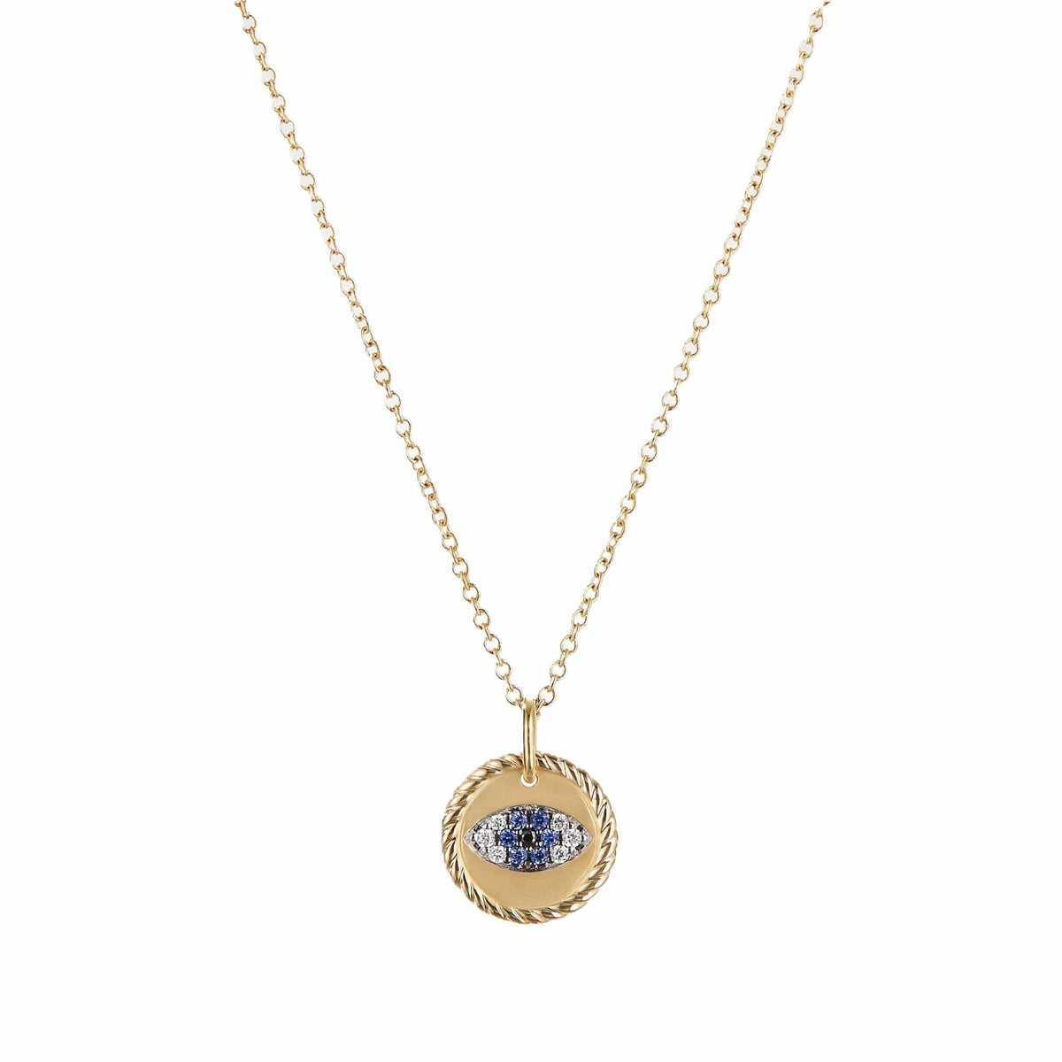 Cable Collectibles Evil Eye Charm Necklace with Blue Sapphire and Diamonds in 18K Gold