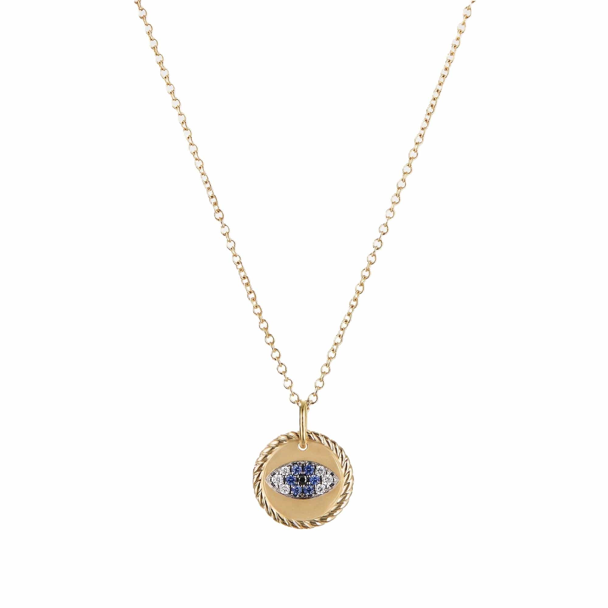 Cable Collectibles Evil Eye Charm Necklace with Blue Sapphire and Diamonds in 18K Gold