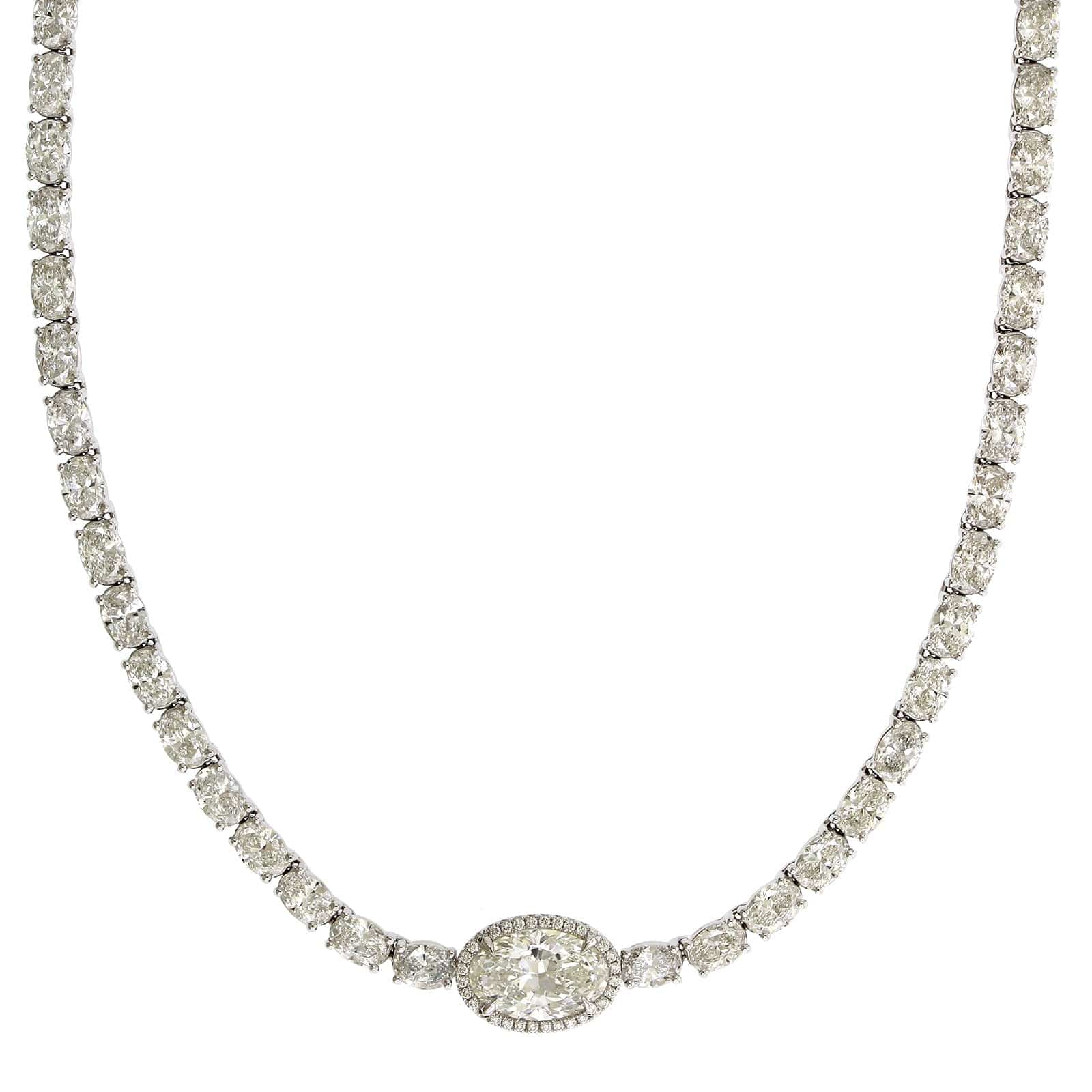 18K White Gold Oval Center Diamond Tennis Necklace