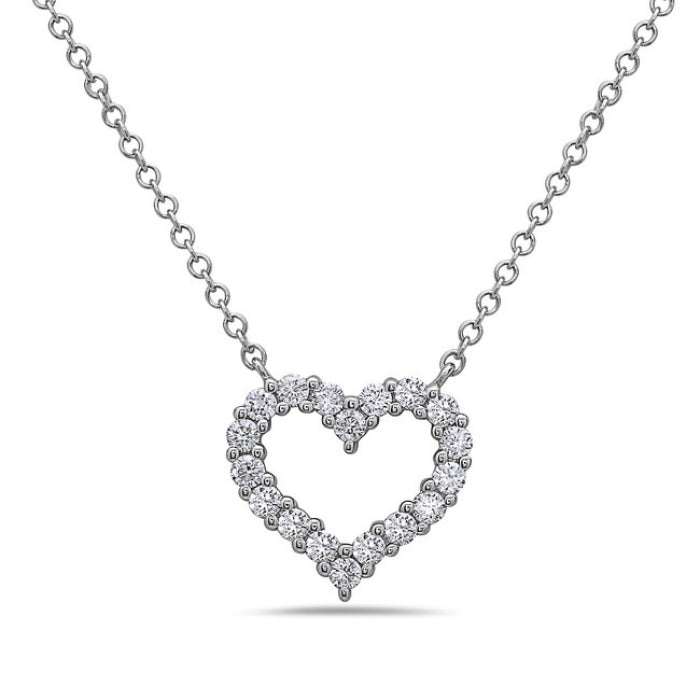 14K White Gold Open Pave Diamond Heart Necklace