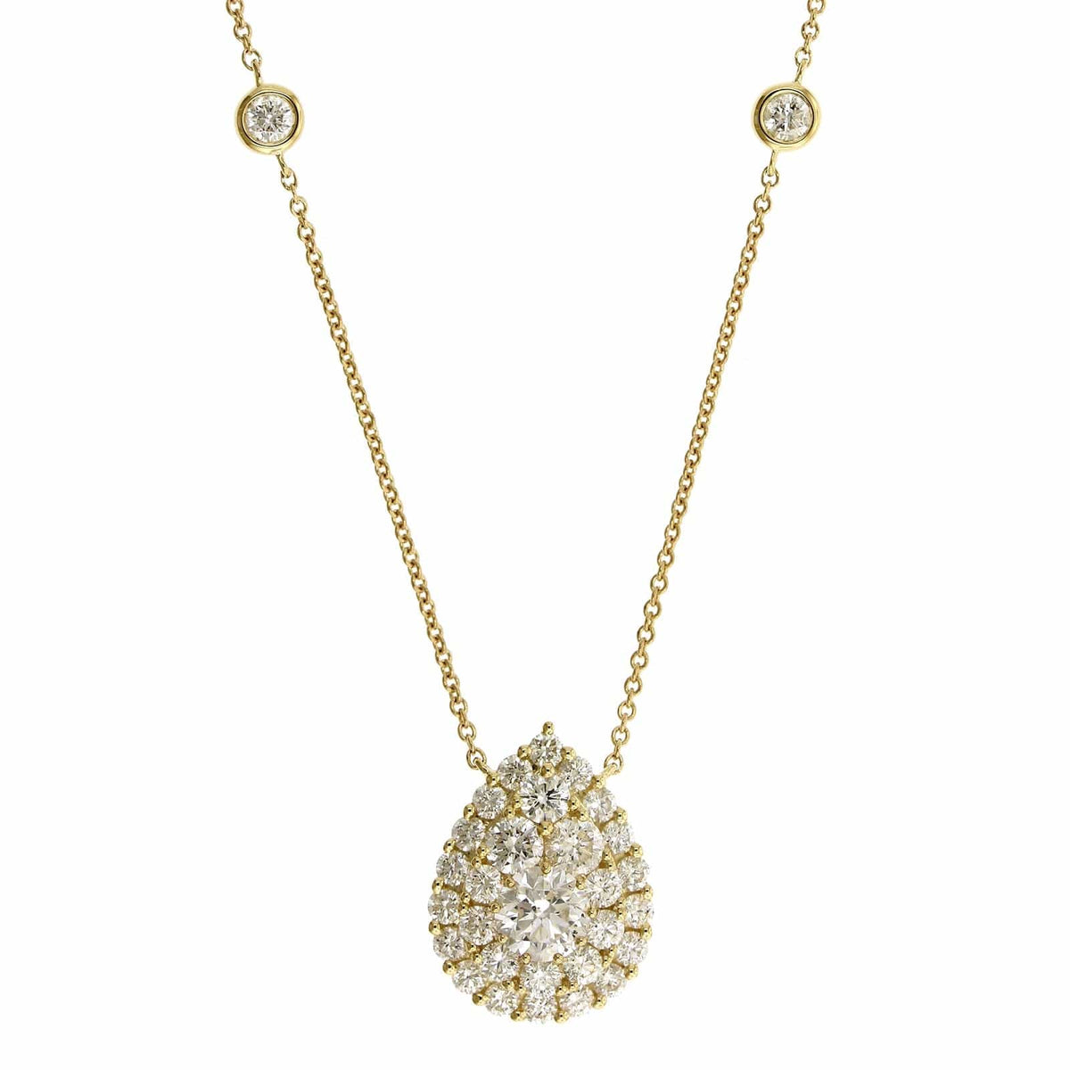 14K Yellow Gold Diamond Cluster Pear Shaped Pendant Necklace