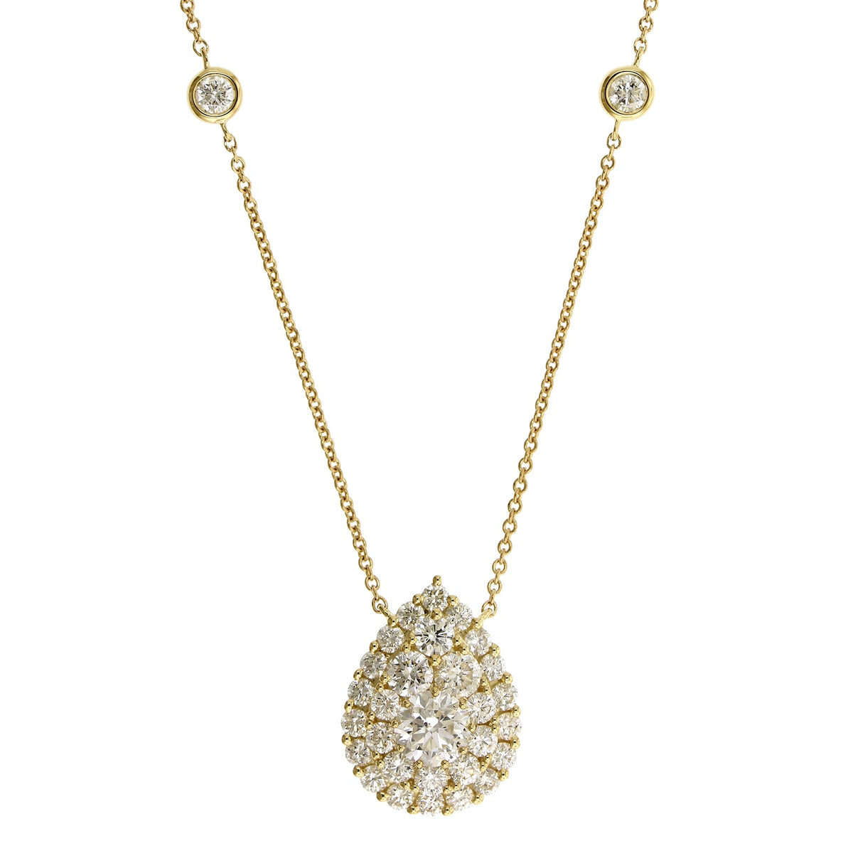 14K Yellow Gold Diamond Cluster Pear Shaped Pendant Necklace