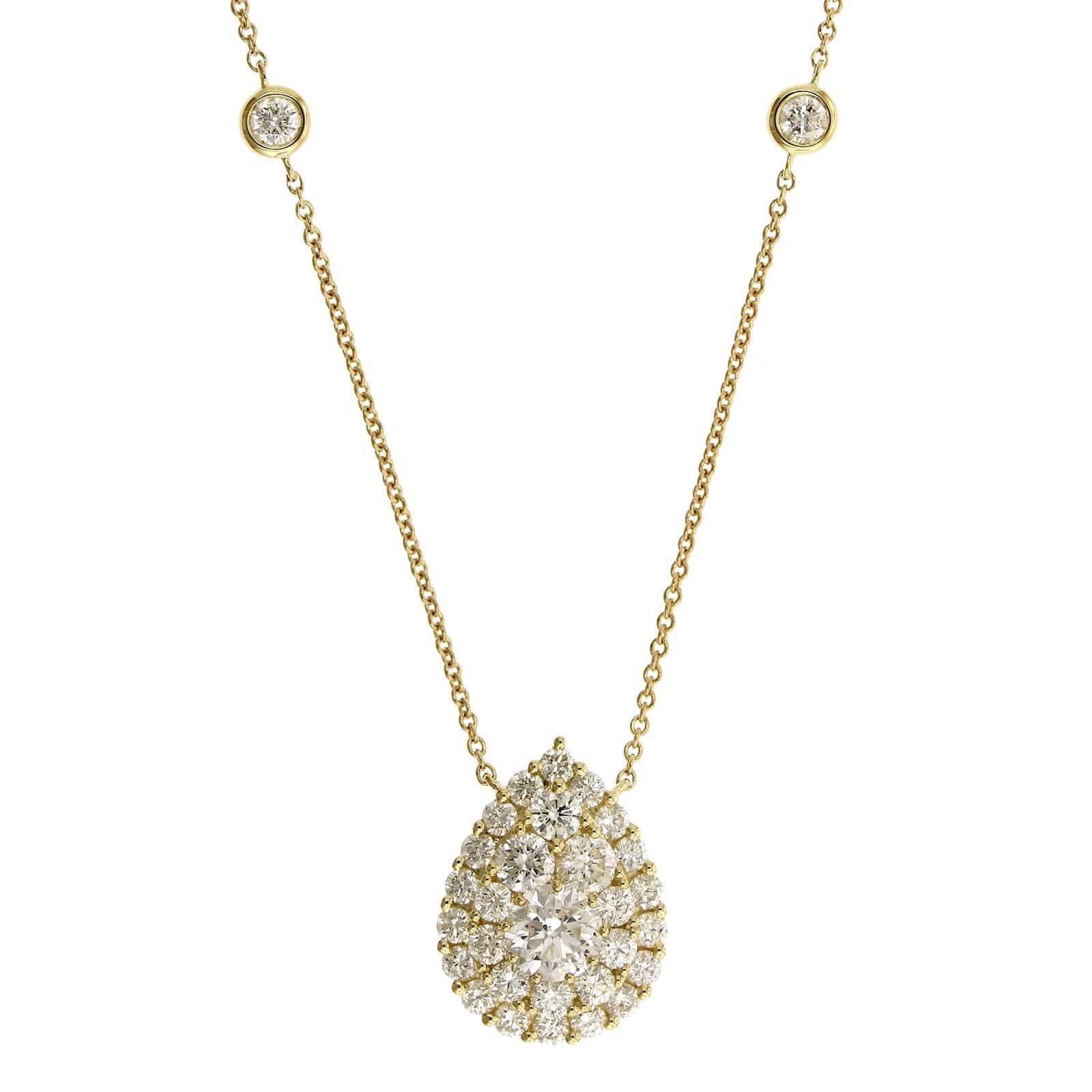 14K Yellow Gold Diamond Cluster Pear Shaped Pendant Necklace