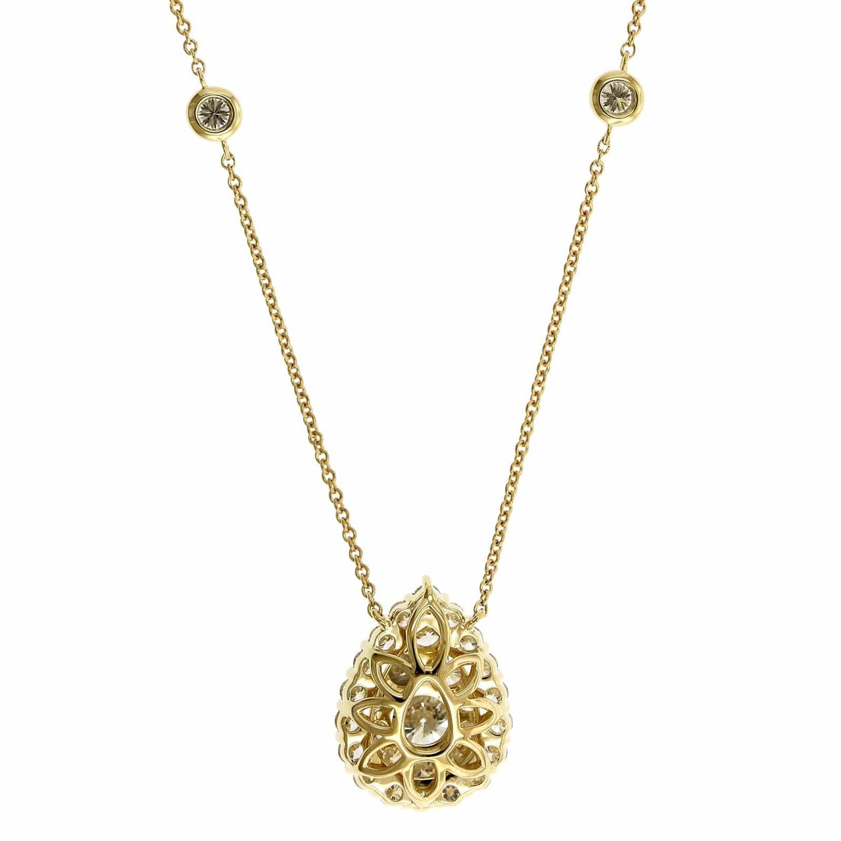 14K Yellow Gold Diamond Cluster Pear Shaped Pendant Necklace