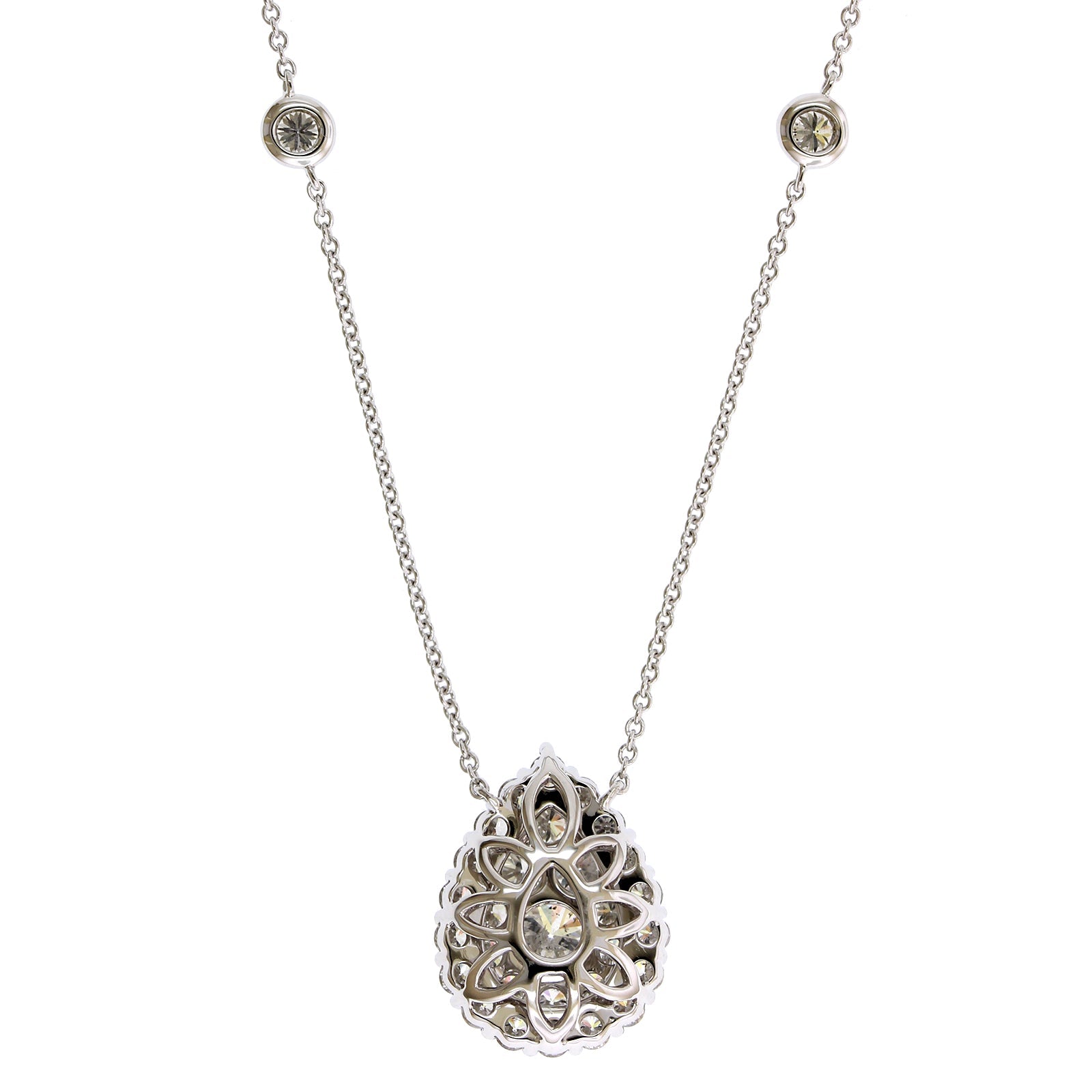 14K White Gold Diamond Cluster Pear Shaped Pendant Necklace