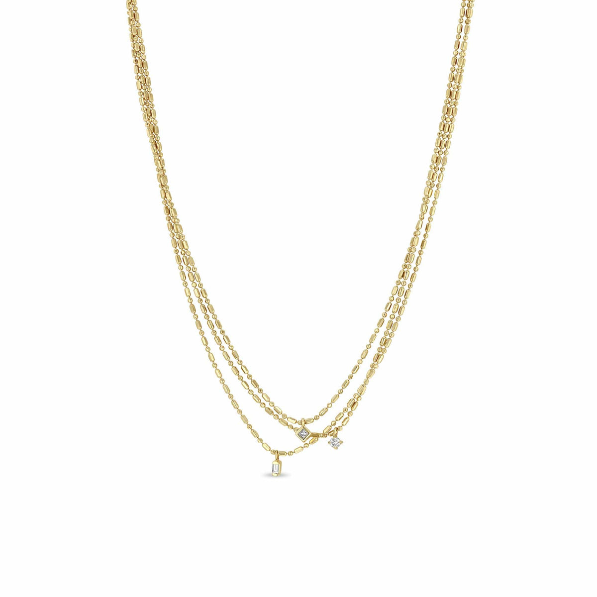 14K Yellow Gold Three Strand Tube & Bead Diamond Necklace