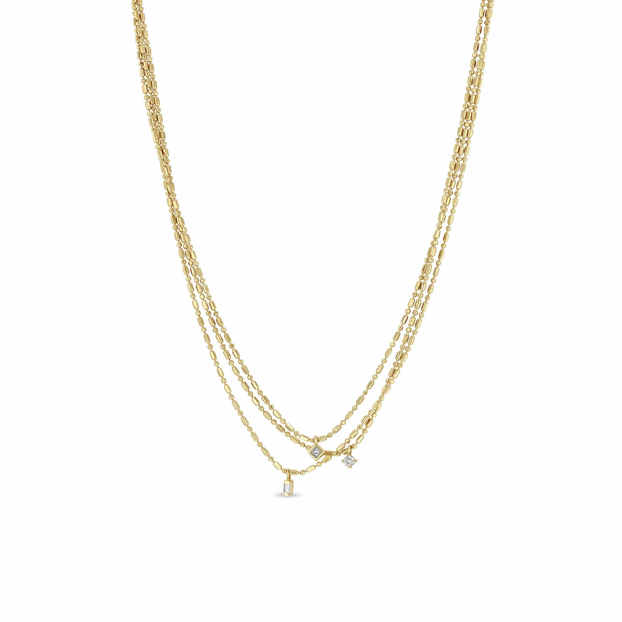 14K Yellow Gold Three Strand Tube & Bead Diamond Necklace