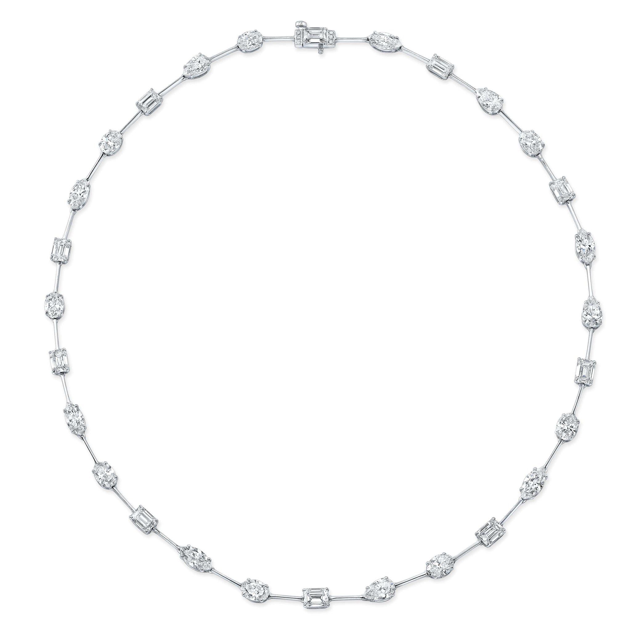 18K White Gold Multi Shape Diamond Bar Necklace