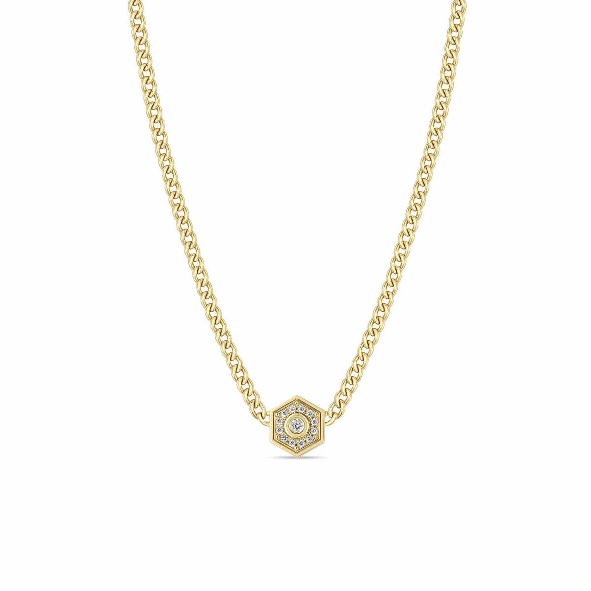 Zoe Chicco 14K Yellow Gold Small Curb Chain Diamond Hexagon Necklace