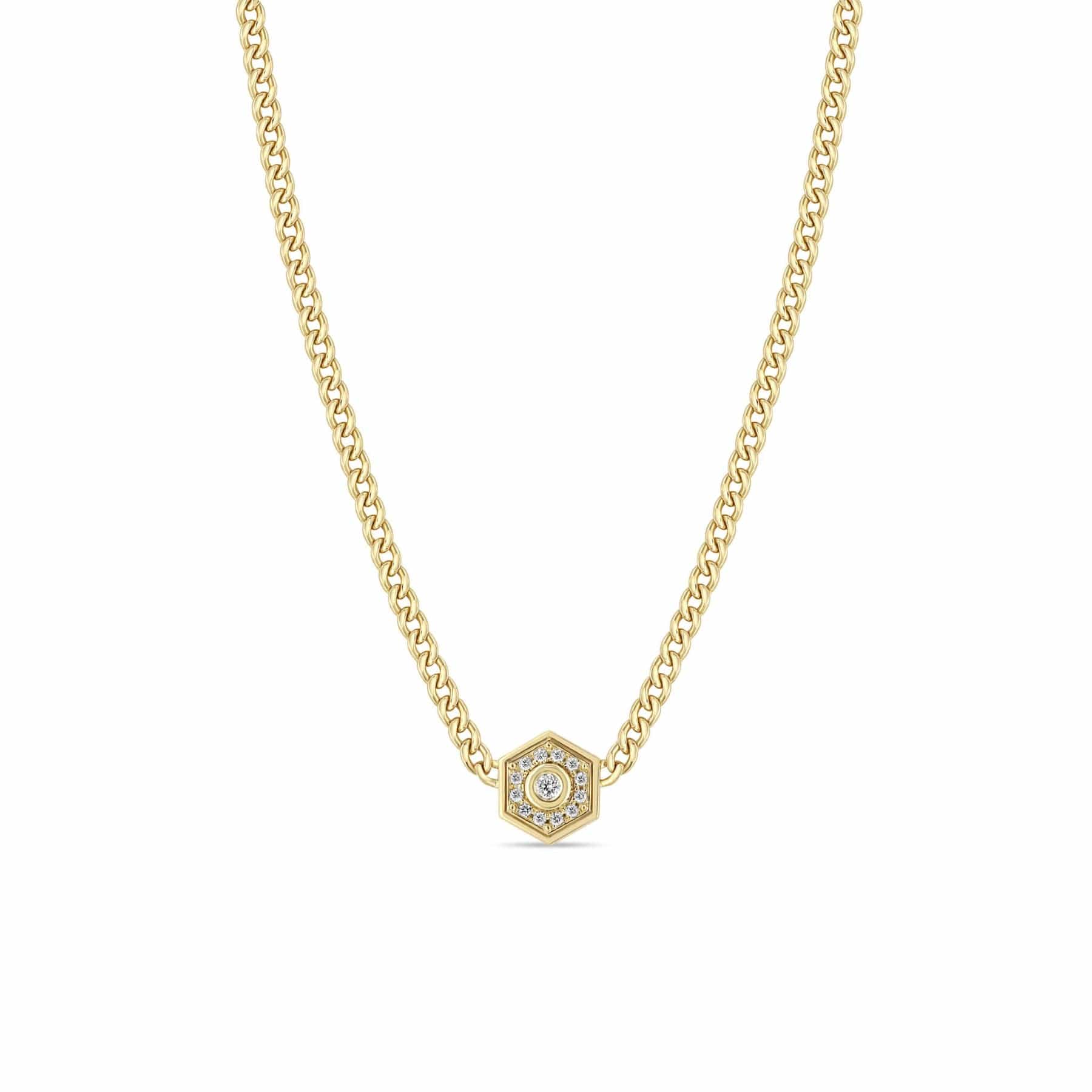 Zoe Chicco 14K Yellow Gold Small Curb Chain Diamond Hexagon Necklace
