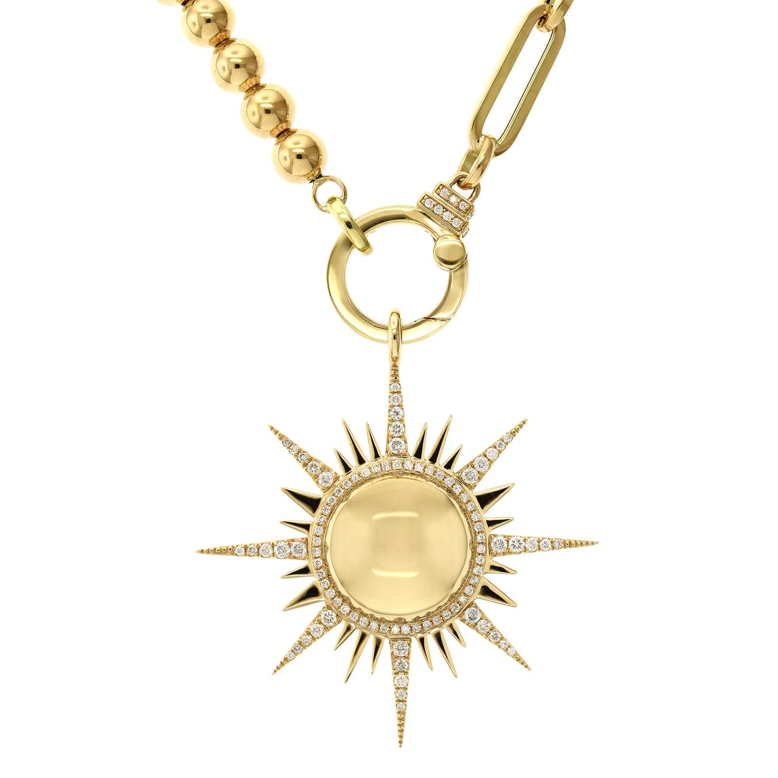 18K Yellow Gold Sun Pendant with Beaded Paperclip Chain