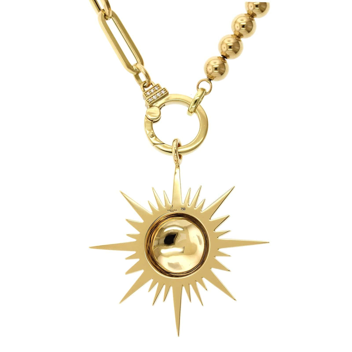 18K Yellow Gold Sun Pendant with Beaded Paperclip Chain