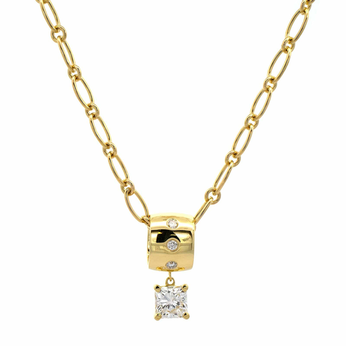 18K Yellow Gold Radiant Diamond Barrel Style Pendant Necklace