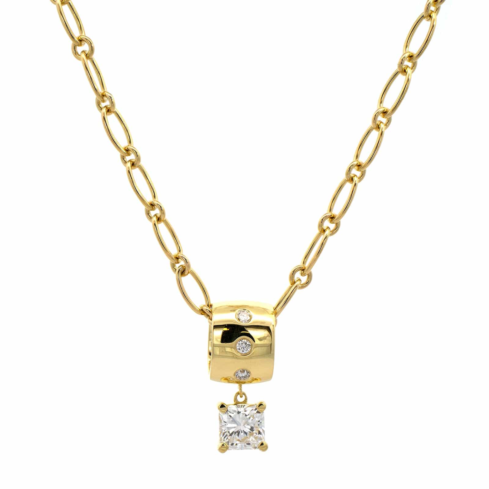 18K Yellow Gold Radiant Diamond Barrel Style Pendant Necklace