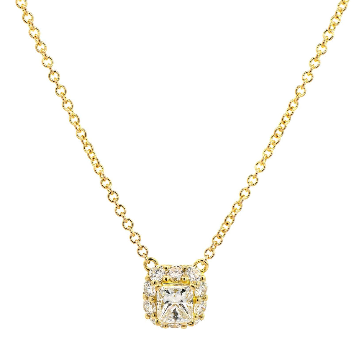 18K Yellow Gold Princess Cut Diamond Pendant Necklace