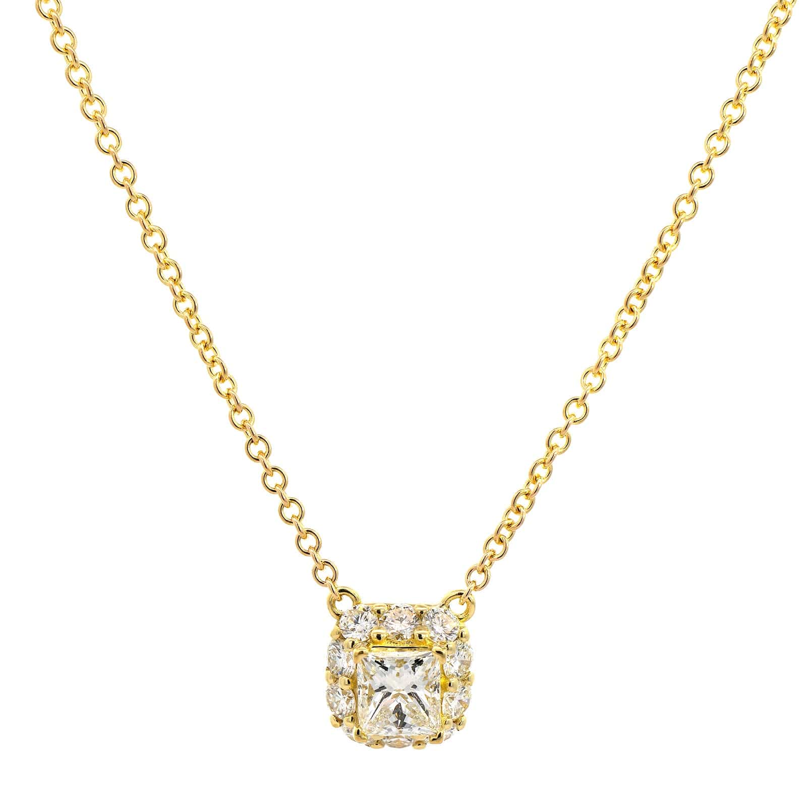 18K Yellow Gold Princess Cut Diamond Pendant Necklace