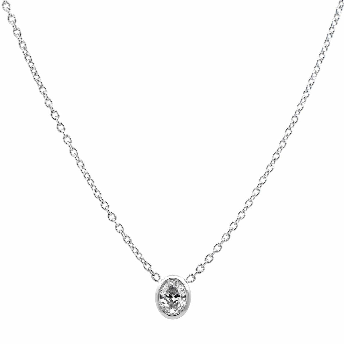 18K White Gold Bezel Set Oval Diamond Pendant Necklace