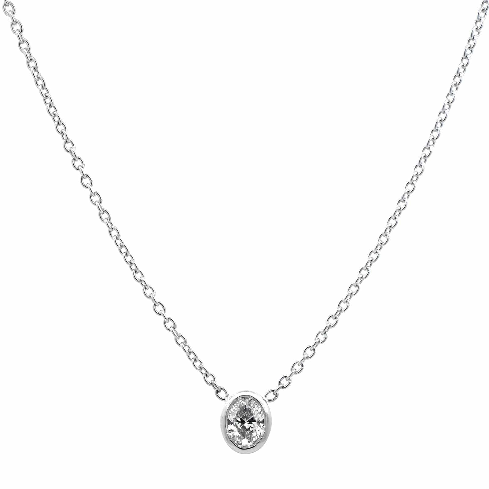 18K White Gold Bezel Set Oval Diamond Pendant Necklace