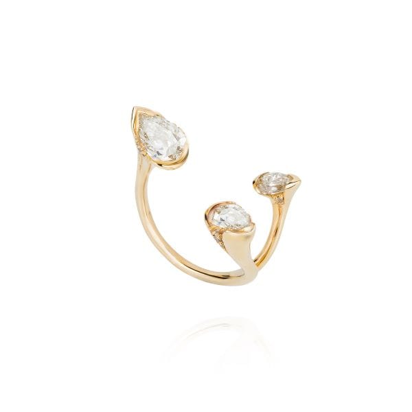 18K Yellow Gold Sepals Small Triple Diamond Ring