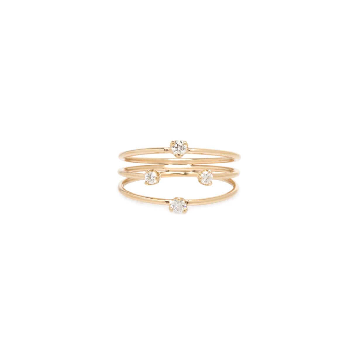 14K Yellow Gold 3 Thin Band Mixed Sized Diamond Ring