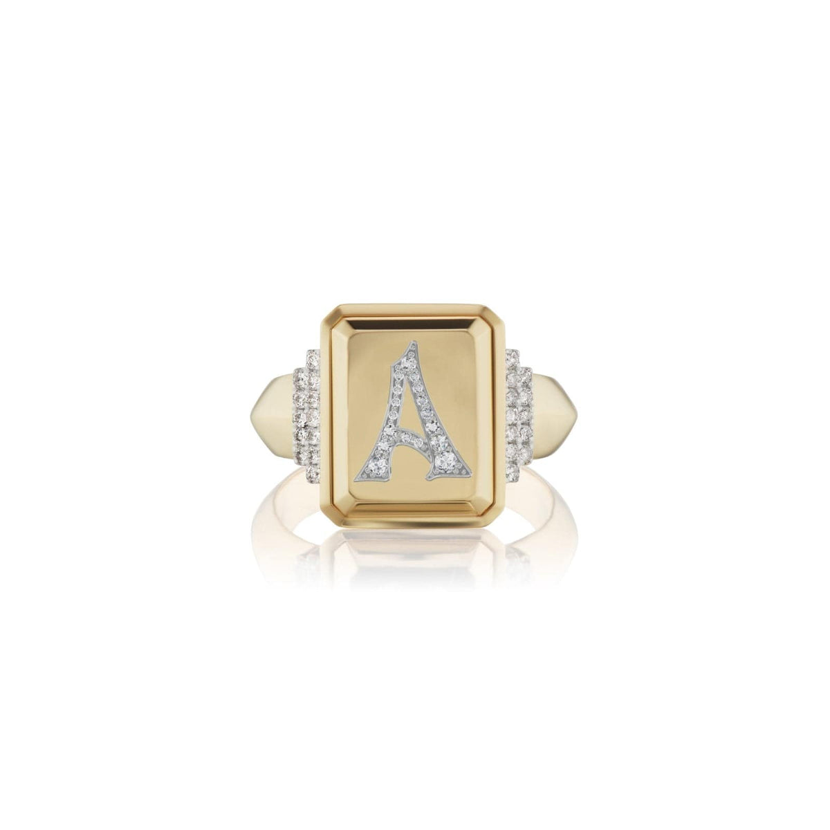 18K Yellow Gold Pave Initial A Signet Ring