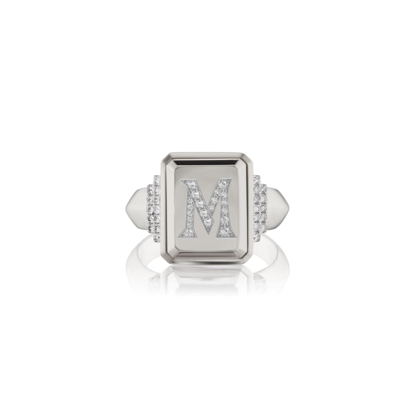 18K White Gold Pave Initial M Signet Ring