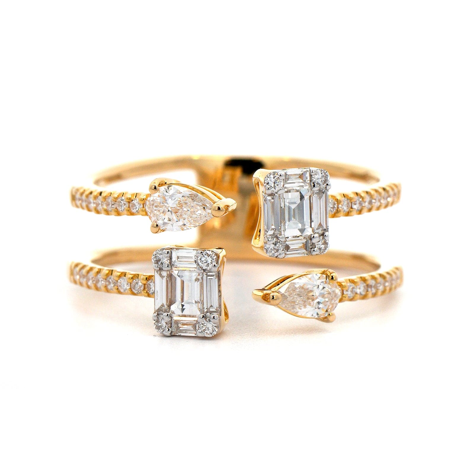 18K Yellow Gold 2 Row Multi Shaped Open Diamond Ring