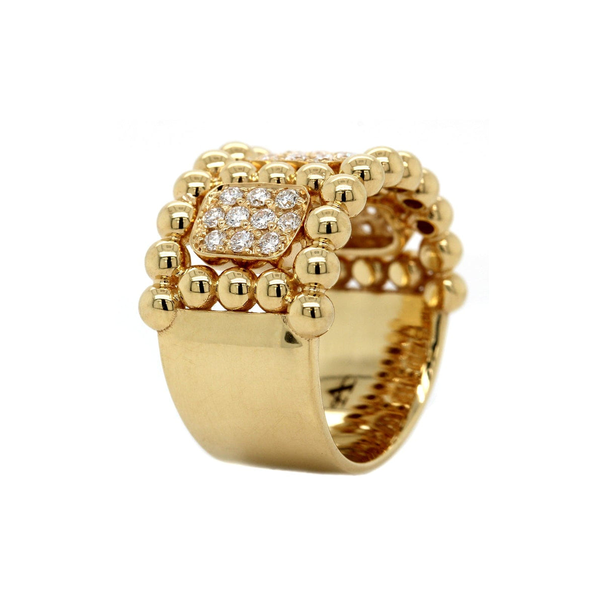 18K Yellow Gold Wide Beaded Diamond Cluster Ring