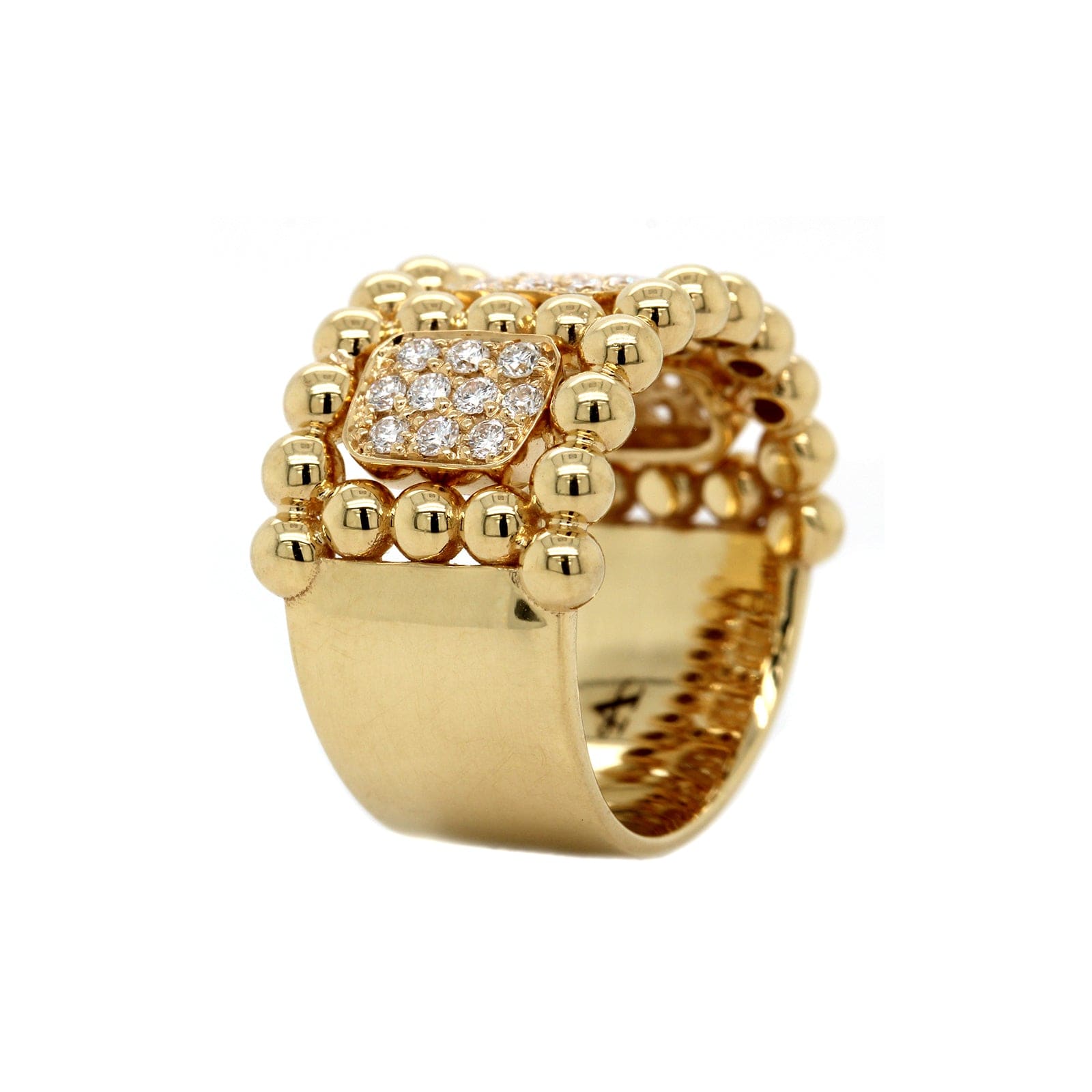 18K Yellow Gold Wide Beaded Diamond Cluster Ring