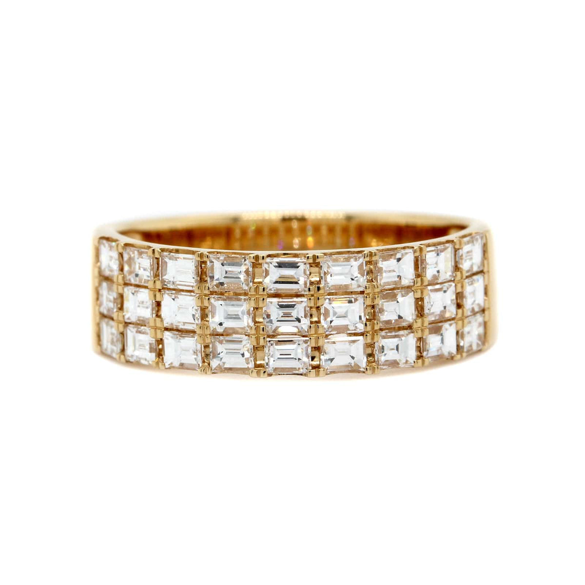 18K Yellow Gold 3 Row Baguette Diamond Ring