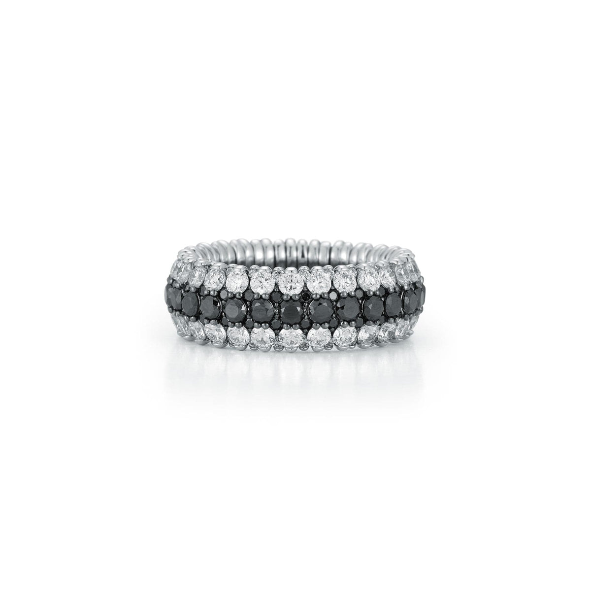 18K White Gold Three Row Black and White Diamond Stretch Ring