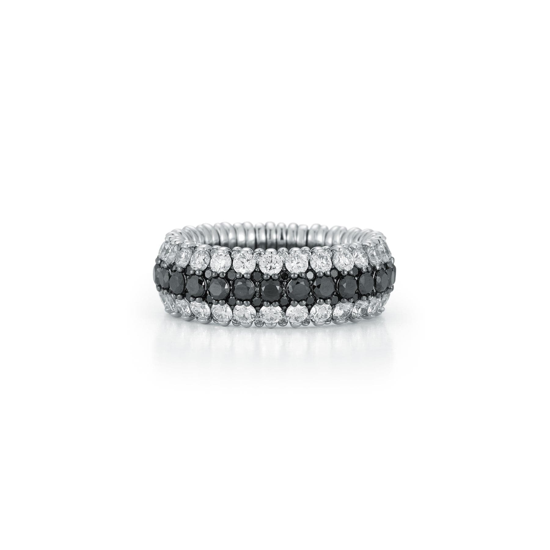 18K White Gold Three Row Black and White Diamond Stretch Ring
