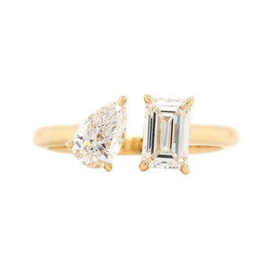 18K Yellow Gold 2 Stone Emerald and Pear Shaped Diamond Ring
