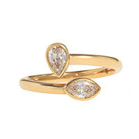18K Yellow Gold 2 Stone Pear and Marquise Shaped Diamond Bypass Ring