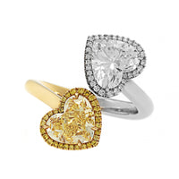 18K Yellow Gold and Platinum Heart Shaped Yellow and White Diamond Bypass Ring