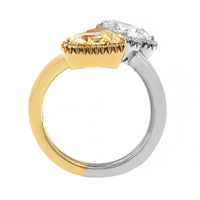 18K Yellow Gold and Platinum Heart Shaped Yellow and White Diamond Bypass Ring