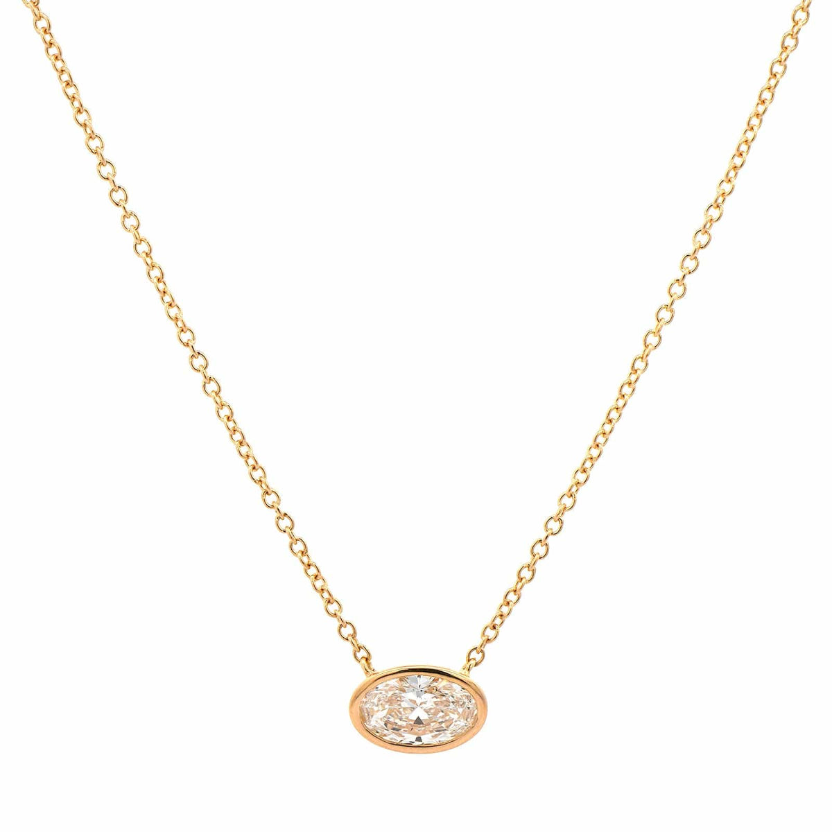 18K Yellow Gold Bezel Set Oval Diamond Pendant Necklace