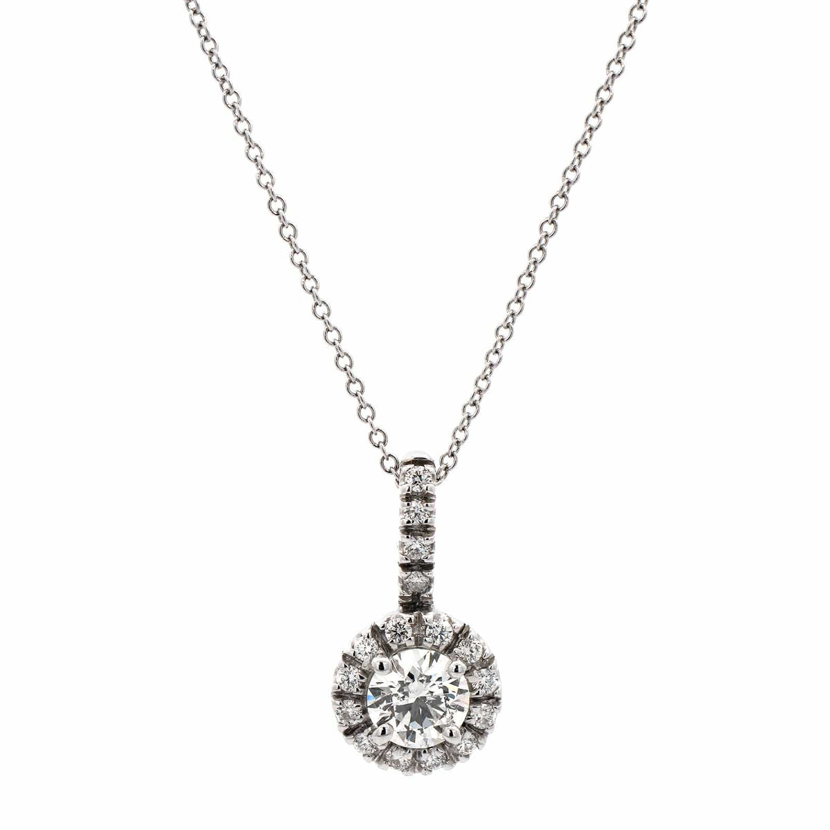 18K White Gold Round Diamond Halo Necklace