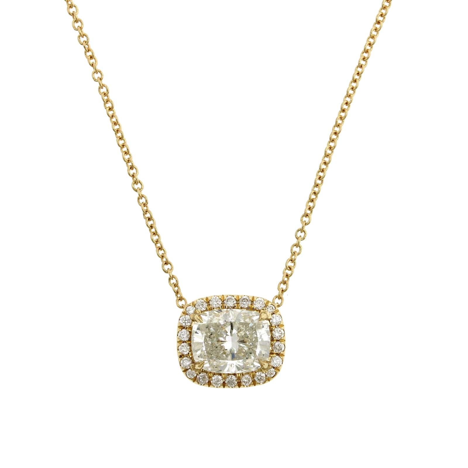 18K Yellow Gold Cushion Diamond and Diamond Halo Pendant