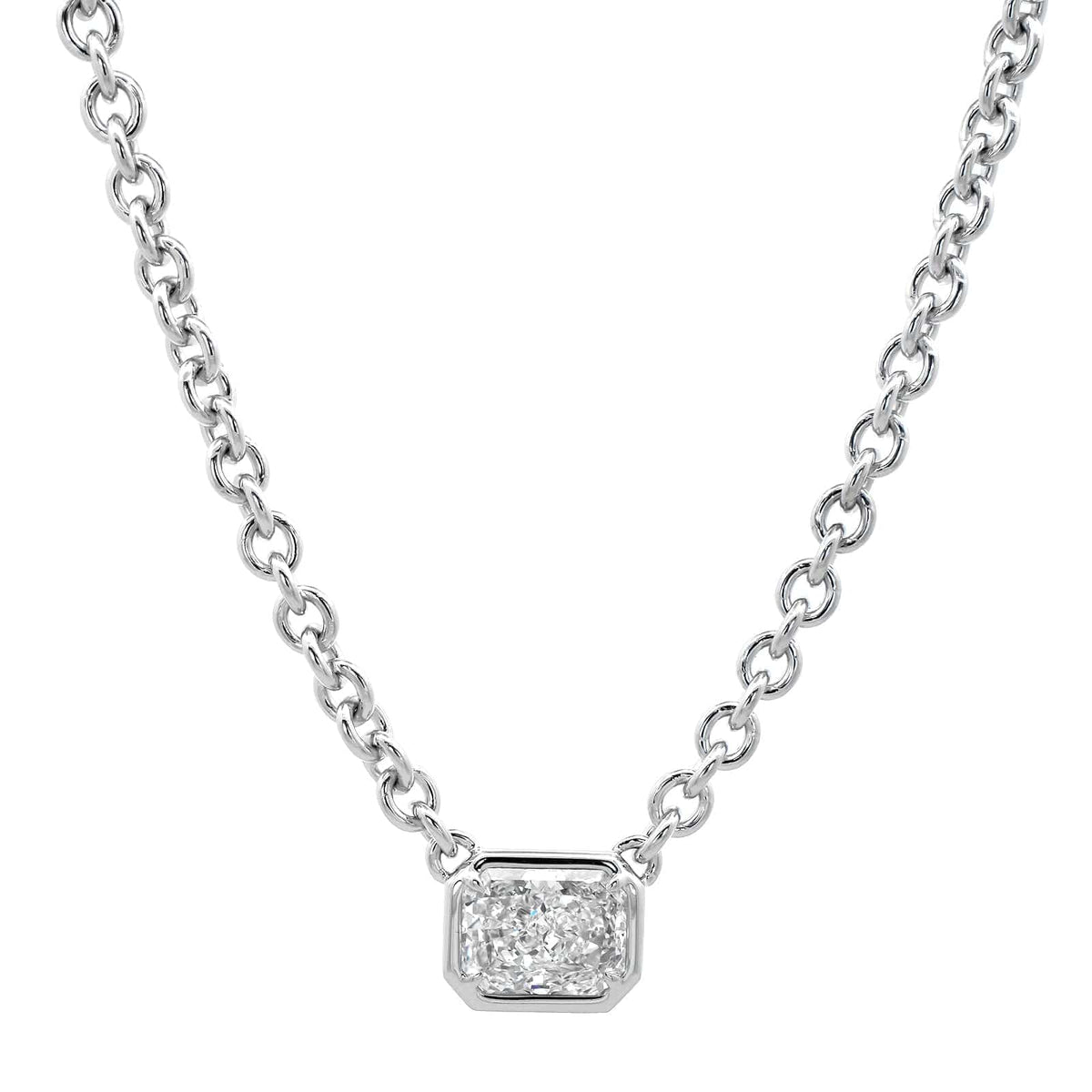 18K White Gold Bezel Set Radiant Cut Diamond Pendant Necklace