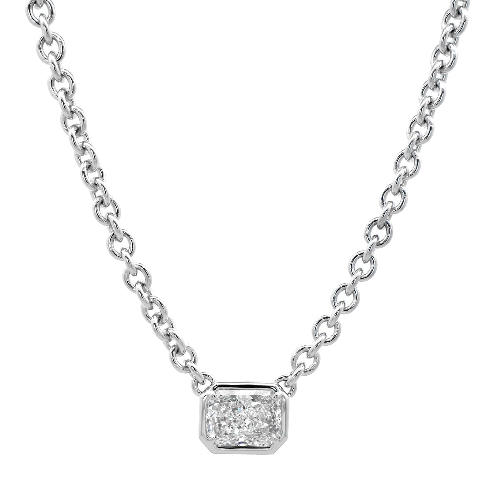 18K White Gold Bezel Set Radiant Cut Diamond Pendant Necklace