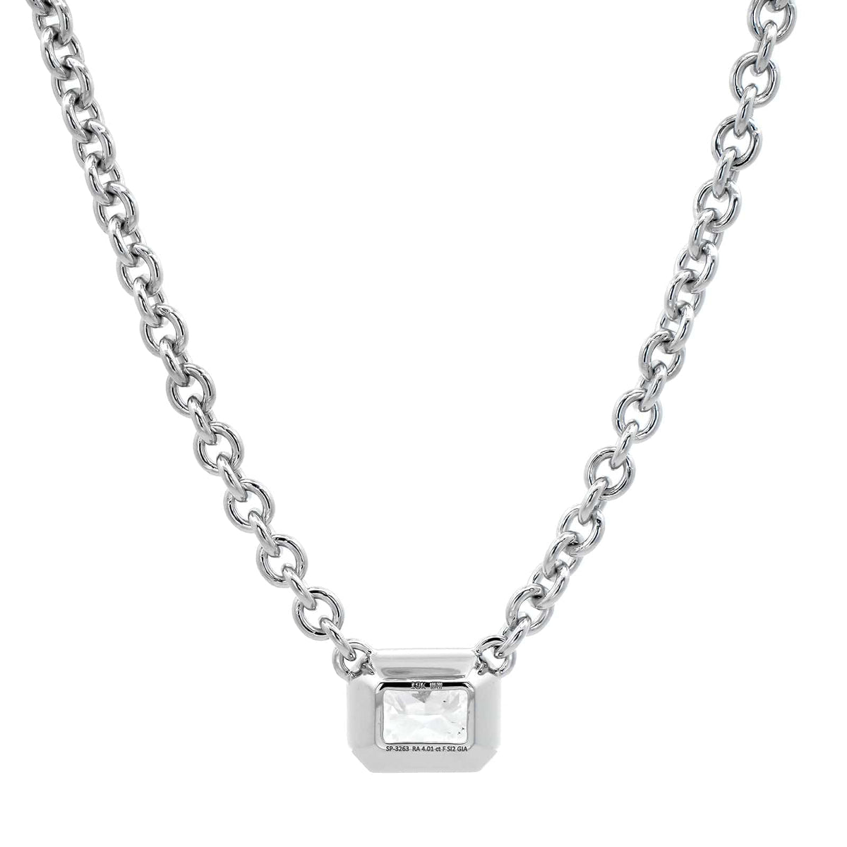 18K White Gold Bezel Set Radiant Cut Diamond Pendant Necklace