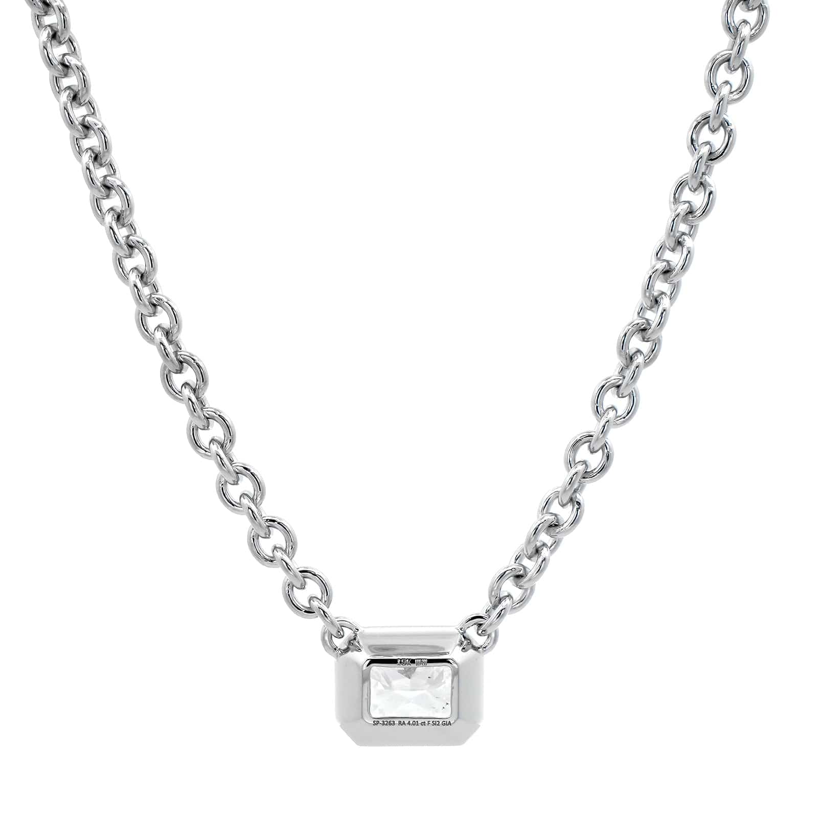 18K White Gold Bezel Set Radiant Cut Diamond Pendant Necklace