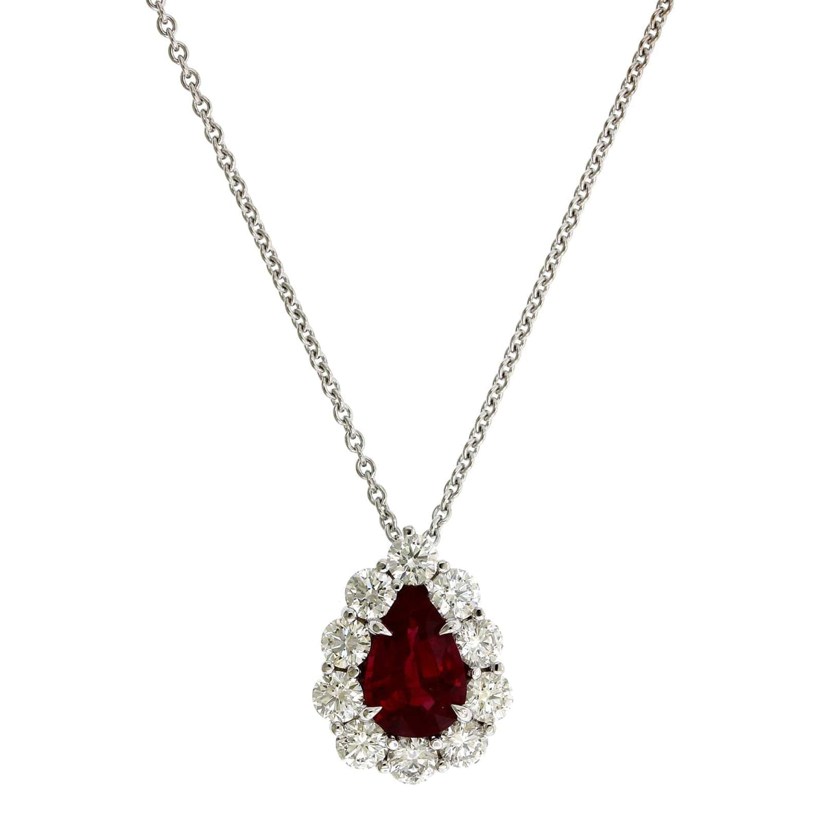 18K White Gold Pearl Shape Ruby Diamond Halo Pendant